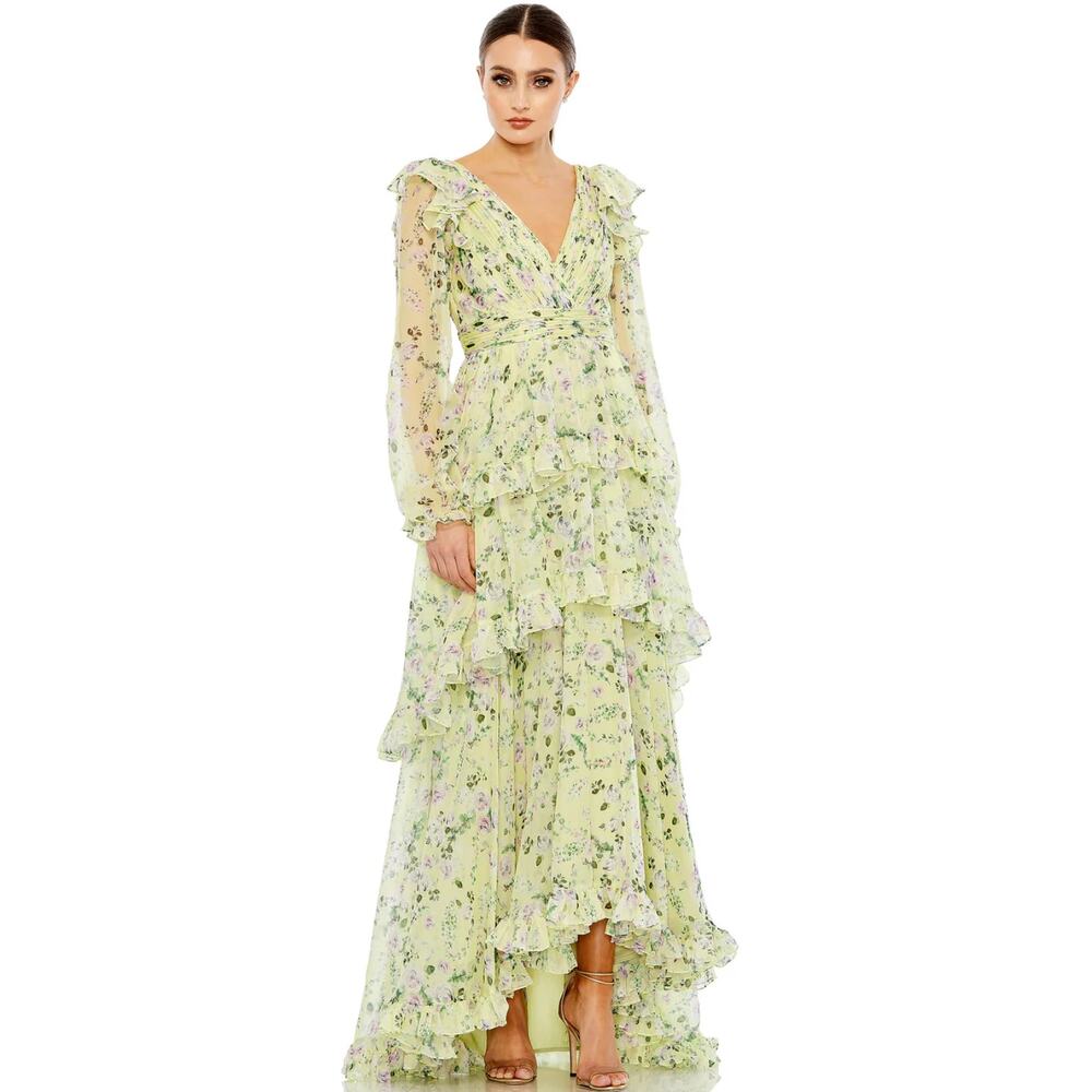 Mac Duggal Green Floral Chiffon Tiered Ruffle Puff Sleeve Gown Garden Party 18
